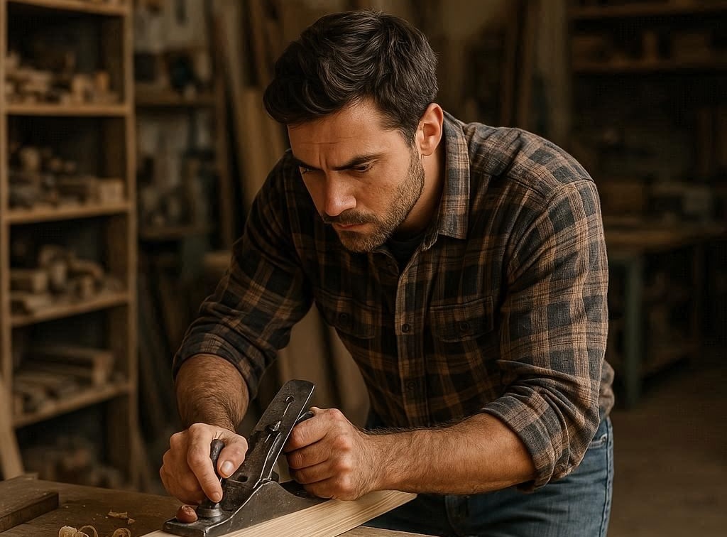 Carpintero diseñando muebles a medida en su taller