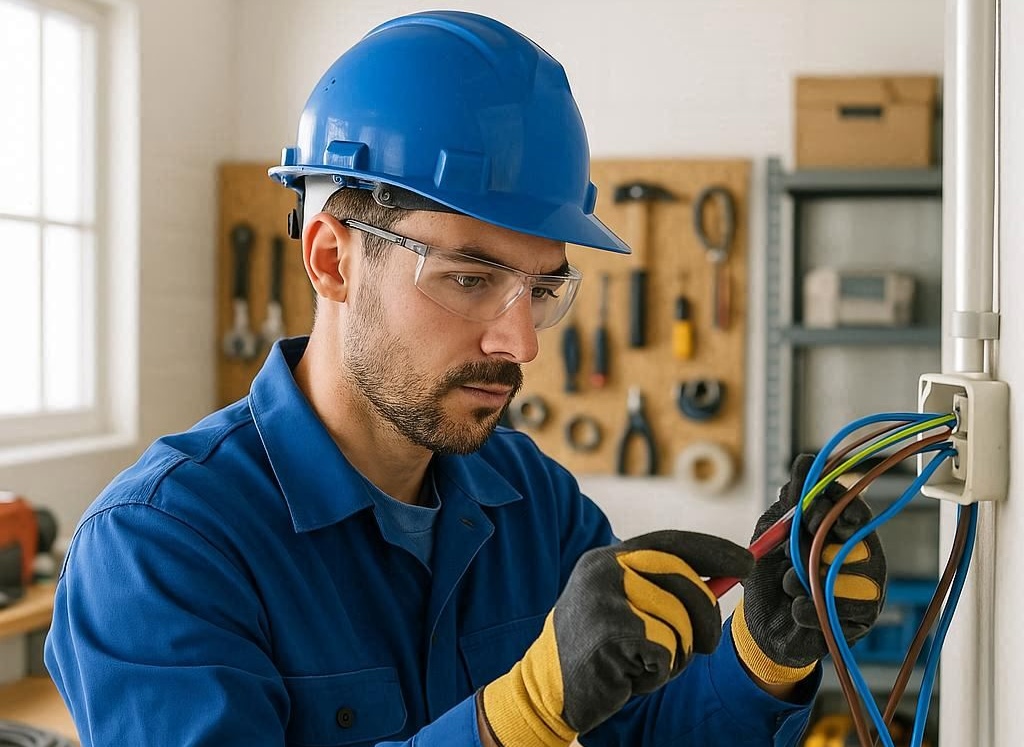 Electricista profesional instalando un cuadro eléctrico